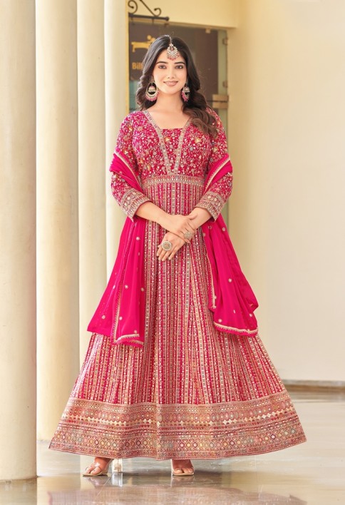 PINK ANARKALI GOWN PREMIUM EMBROIDERED WITH DUPATTA PRESENT NEW DESIGN
